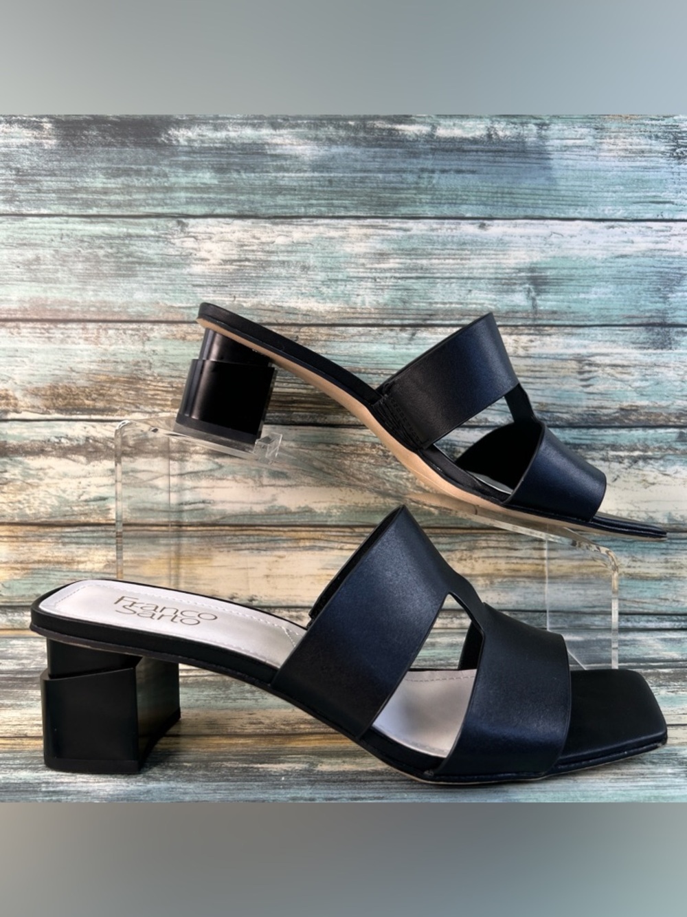 Franco Sarto Kirsi Sandals Womens Size 8.5M Black Leather Slides Modern Heel